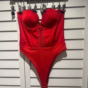 Oh Polly Red Lace-Up Bodysuit